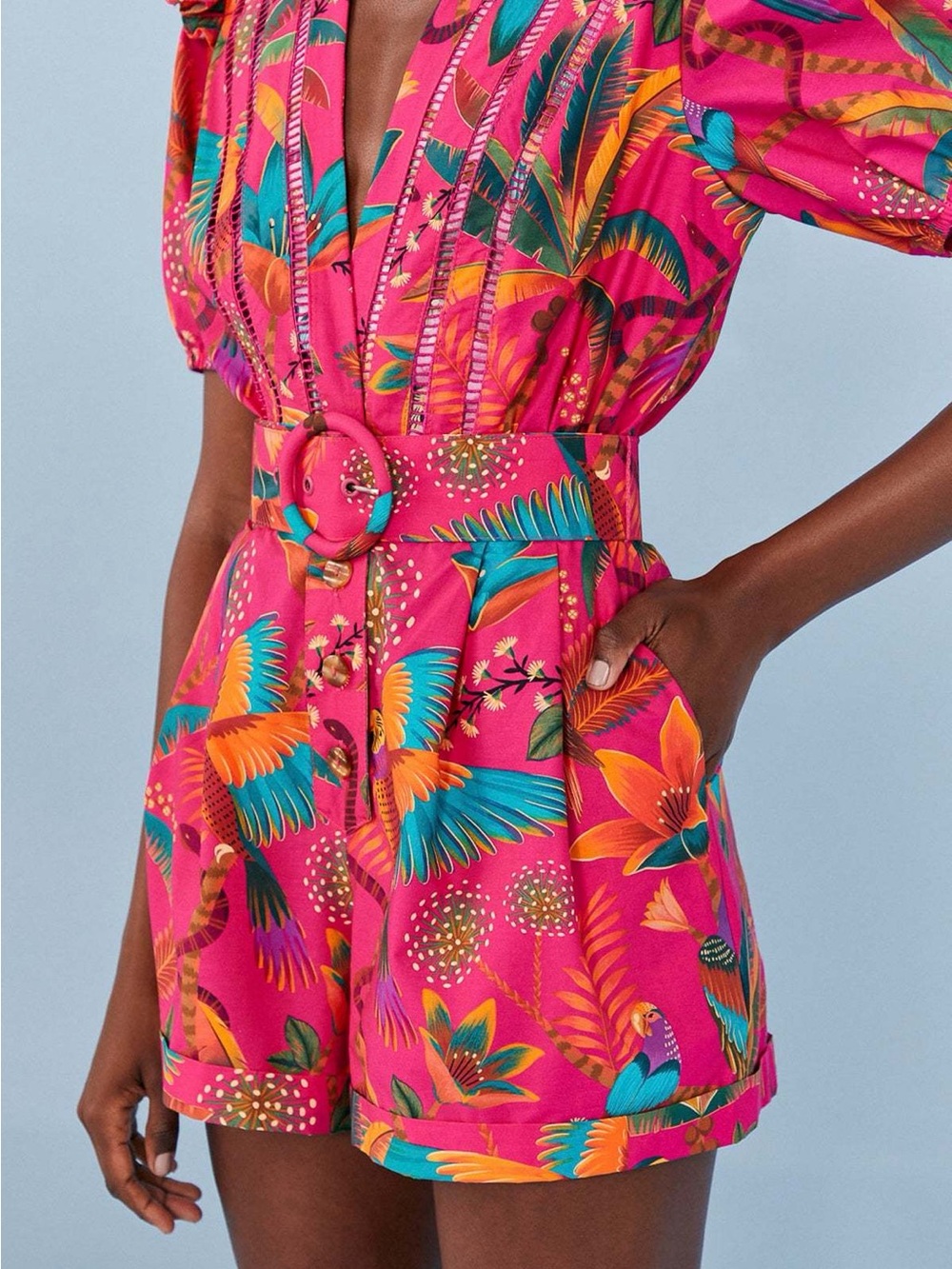 Farm Rio Macaw Party Romper Tropical Print Pink Belted Romper Small